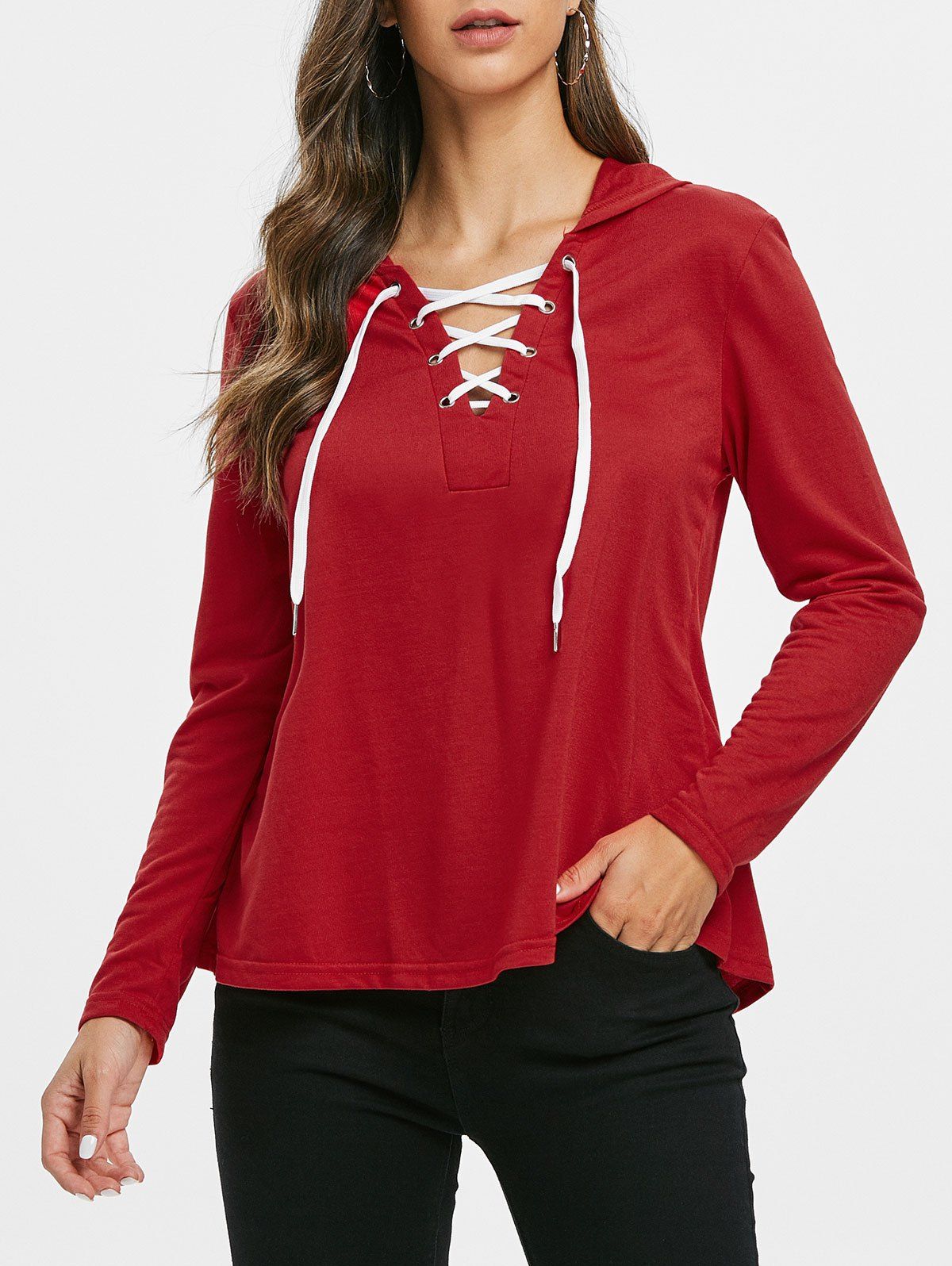 

Lace Up Solid Color Hoodie, Red