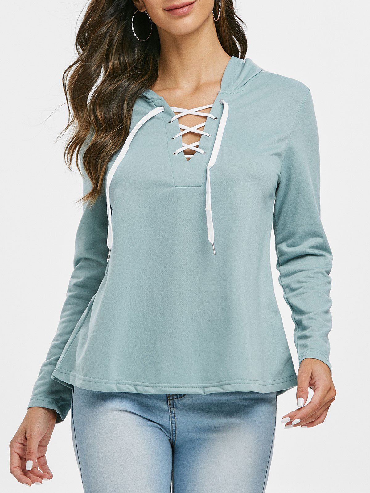 Trendy Lace Up Solid Color Hoodie  