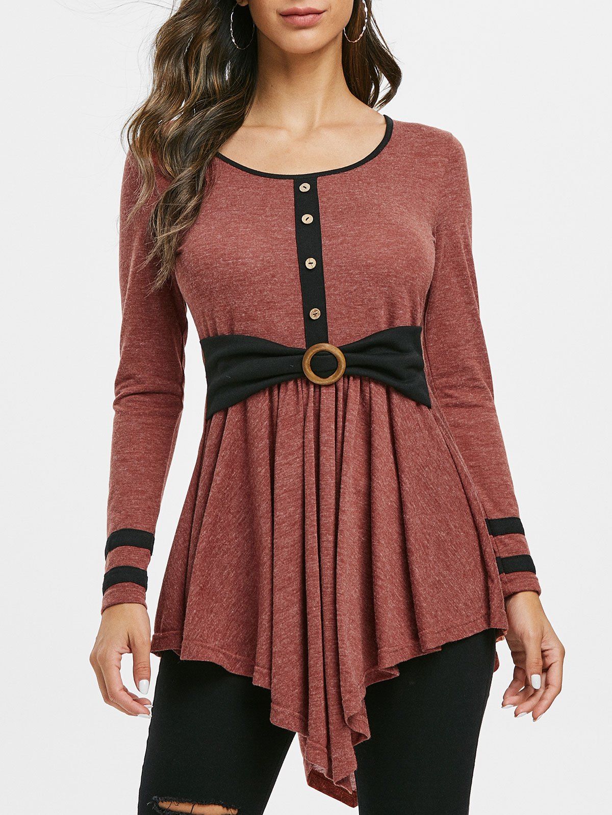

Button Embellished Striped Longline T-shirt, Rust
