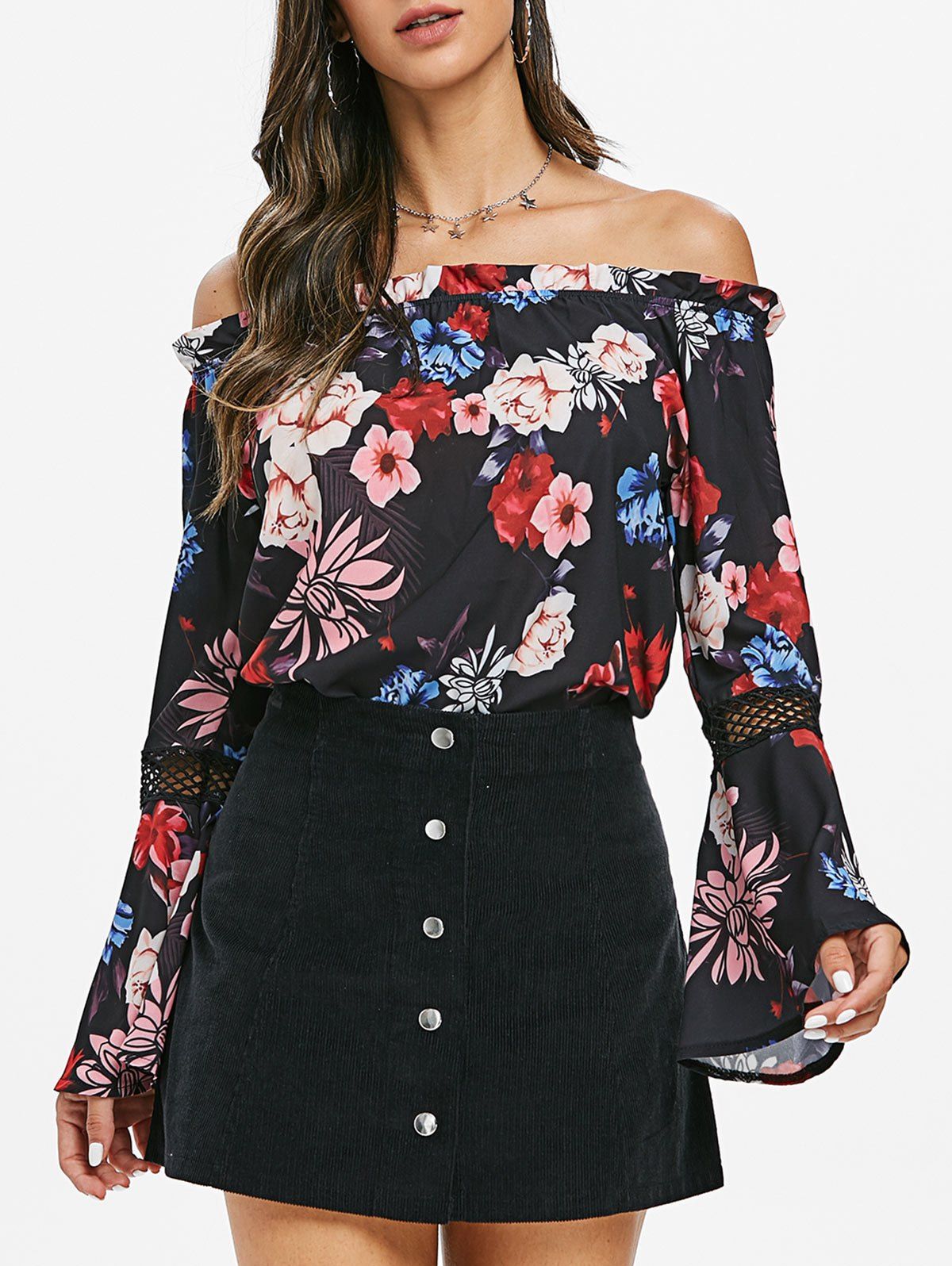

Floral Off The Shoulder Ruffle Blouse, Black
