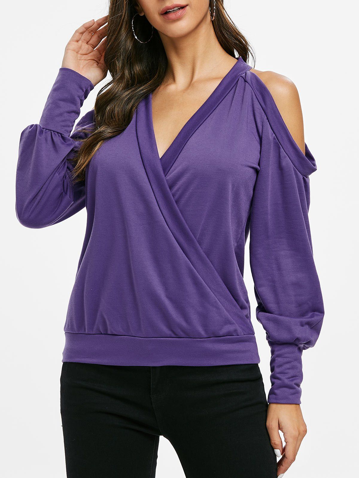 

Plunge Cold Shoulder Long Sleeve Surplice Top, Purple iris