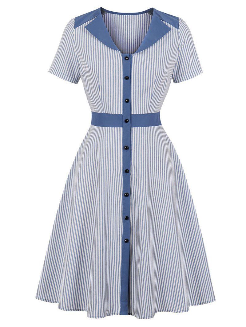 

Stripe A Line V Neck Dress, Blue gray