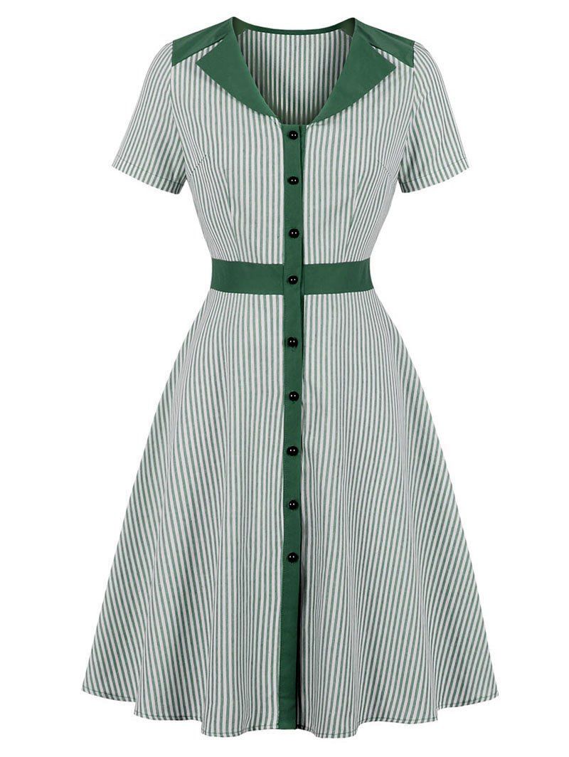 

Stripe A Line V Neck Dress, Greenish blue