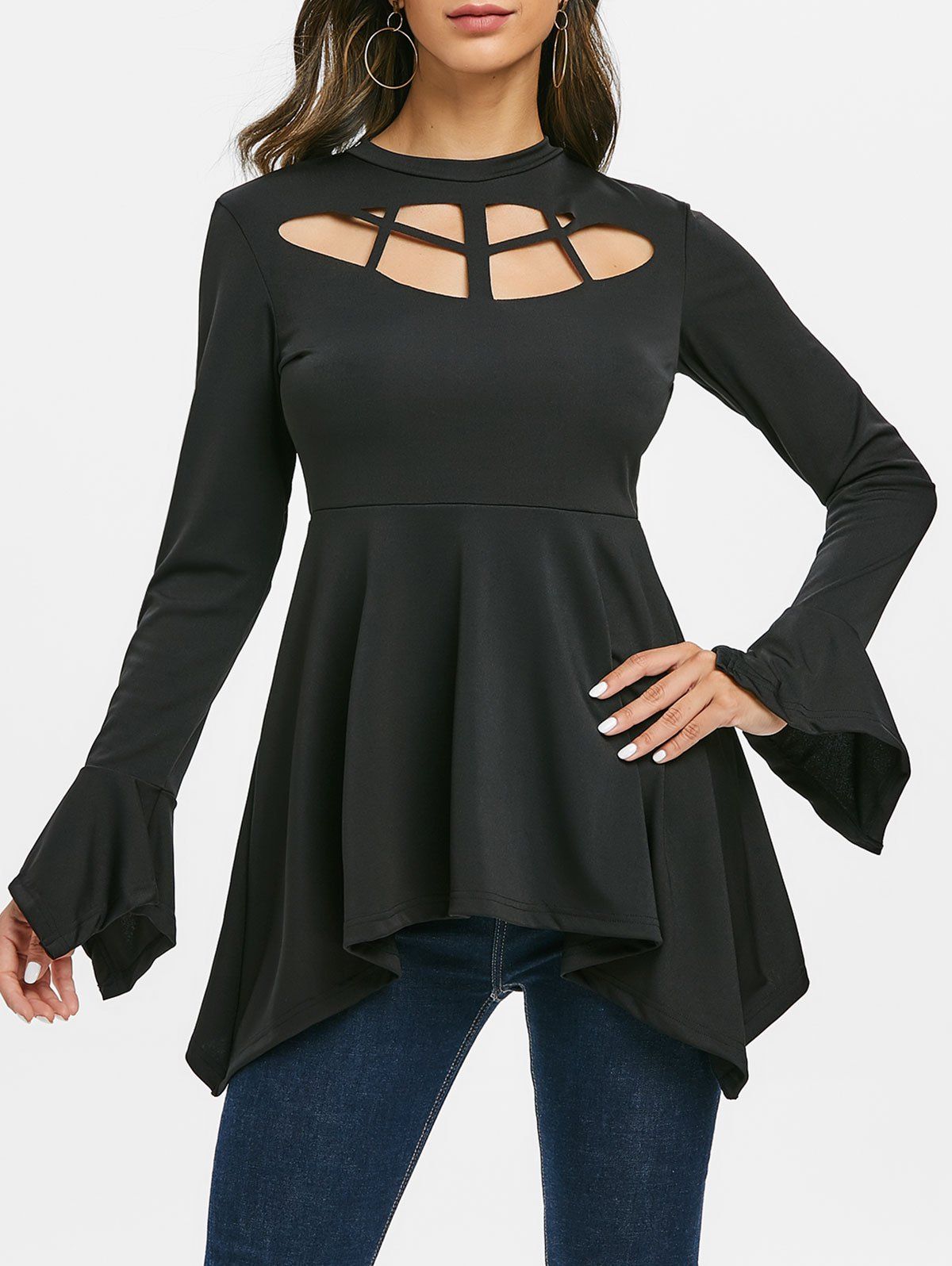 

Laser Cut Asymmetric Gothic Longline Tee, Black