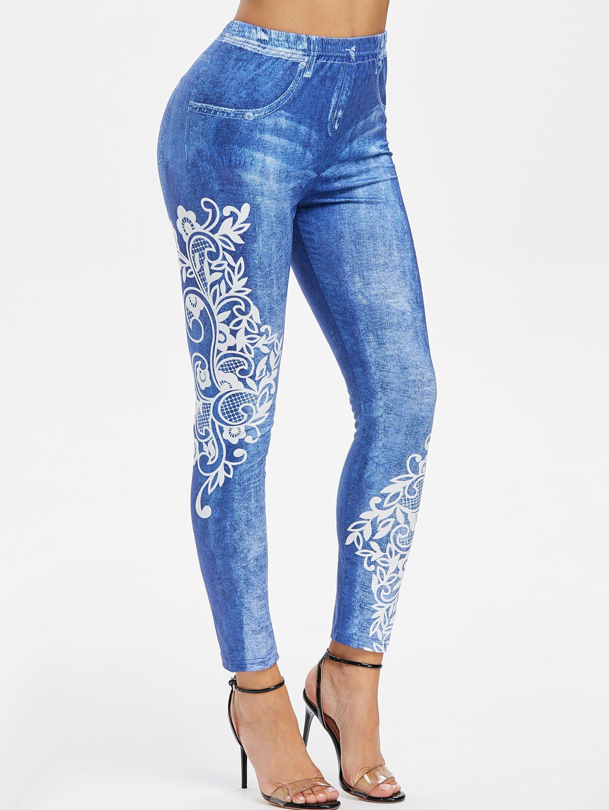 

3D Floral Print Elastic Waist Skinny Jeggings, Jeans blue