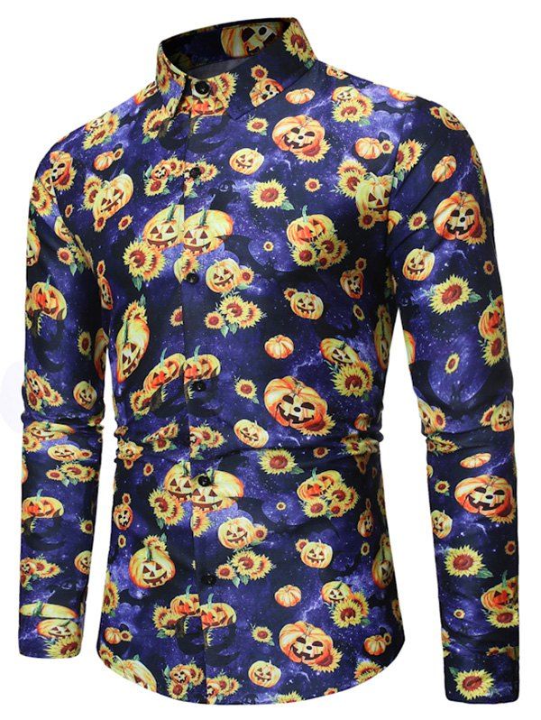 

Pumpkin Sunflower Print Long Sleeves Shirt, Blueberry blue