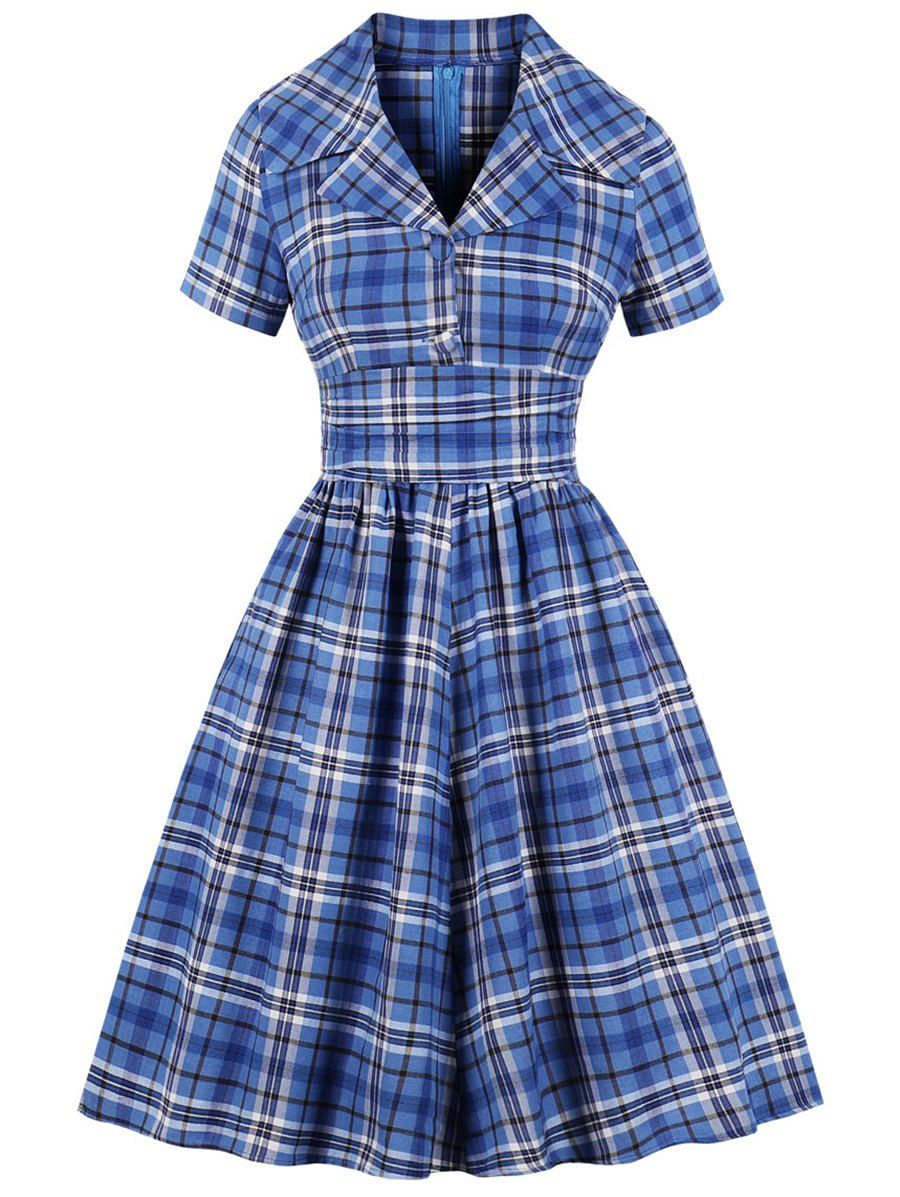 

Plaid Ruched A Line Vintage Dress, Ocean blue