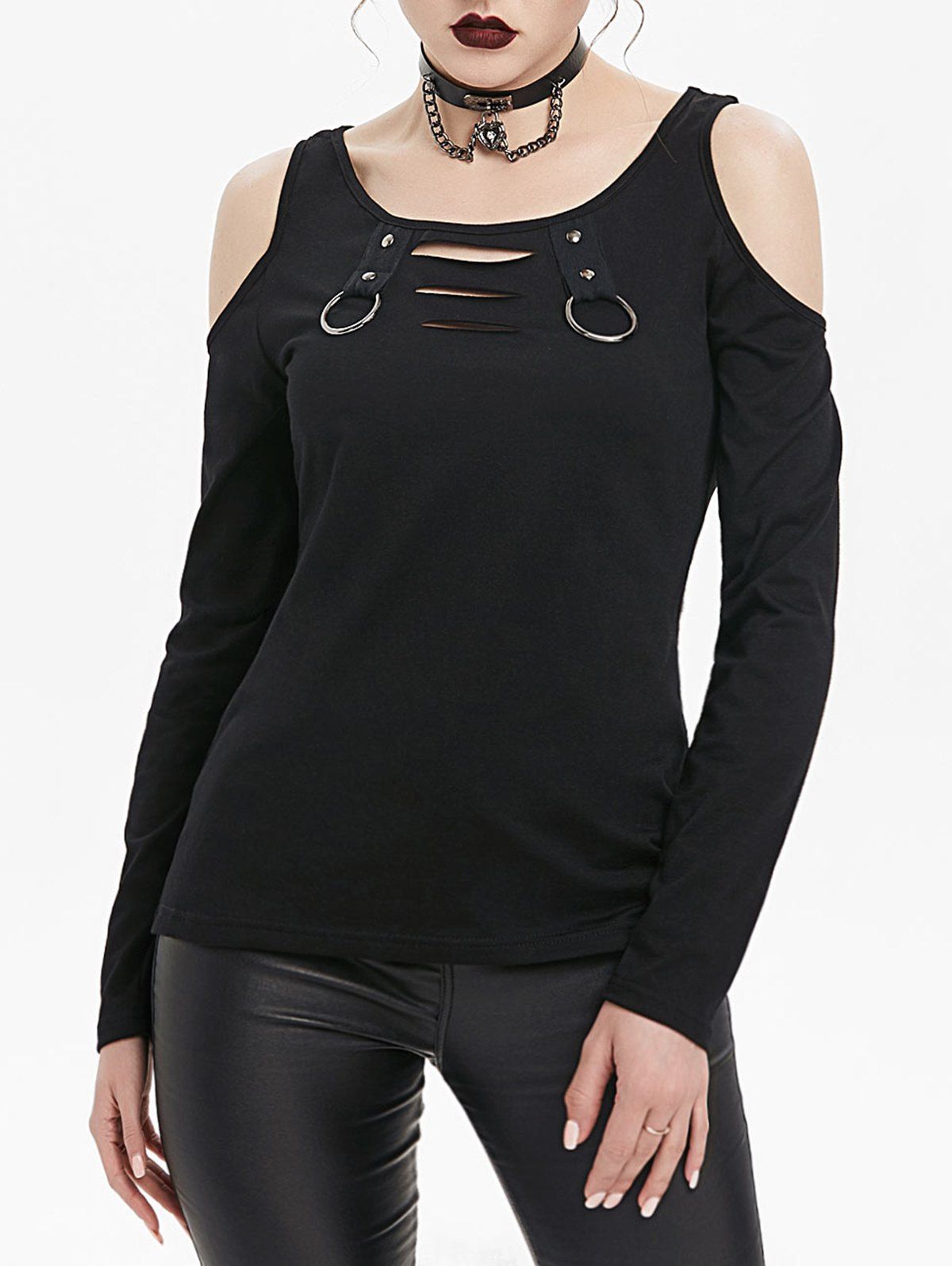 

Ripped O Ring Open Shoulder T-shirt, Black