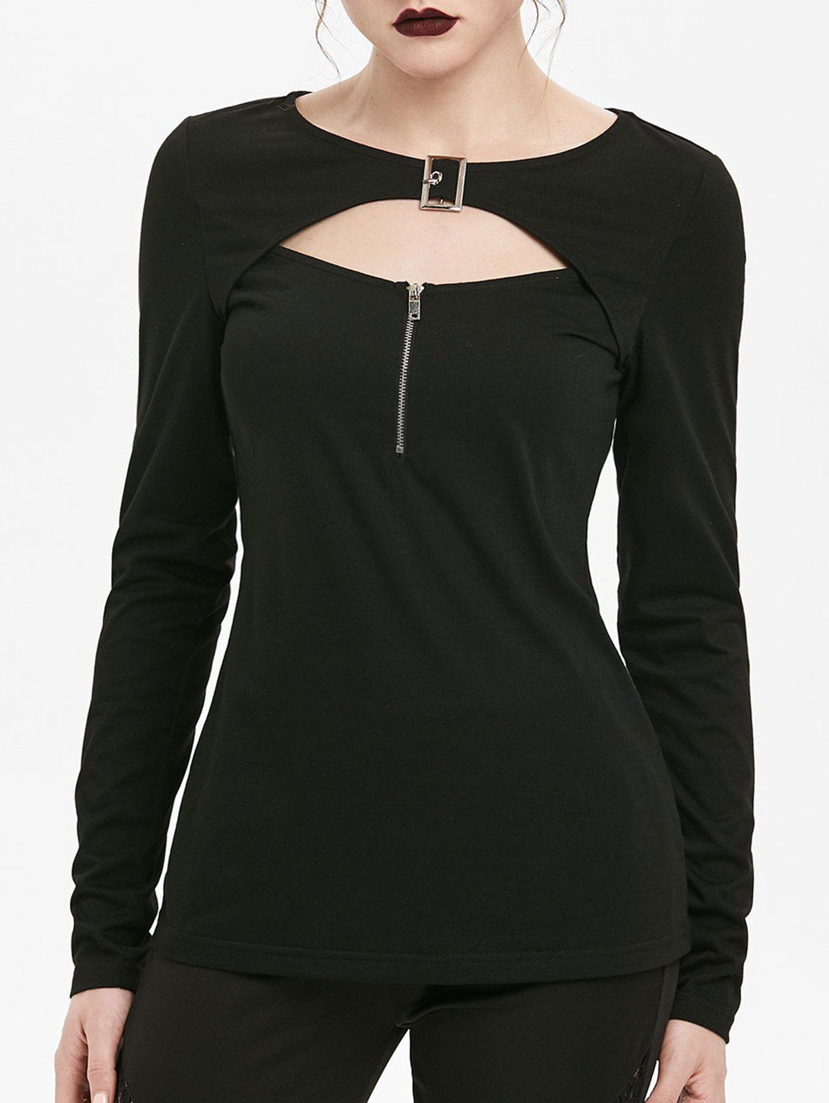 Cutout Front Zip Long Sleeve T-shirt, Black