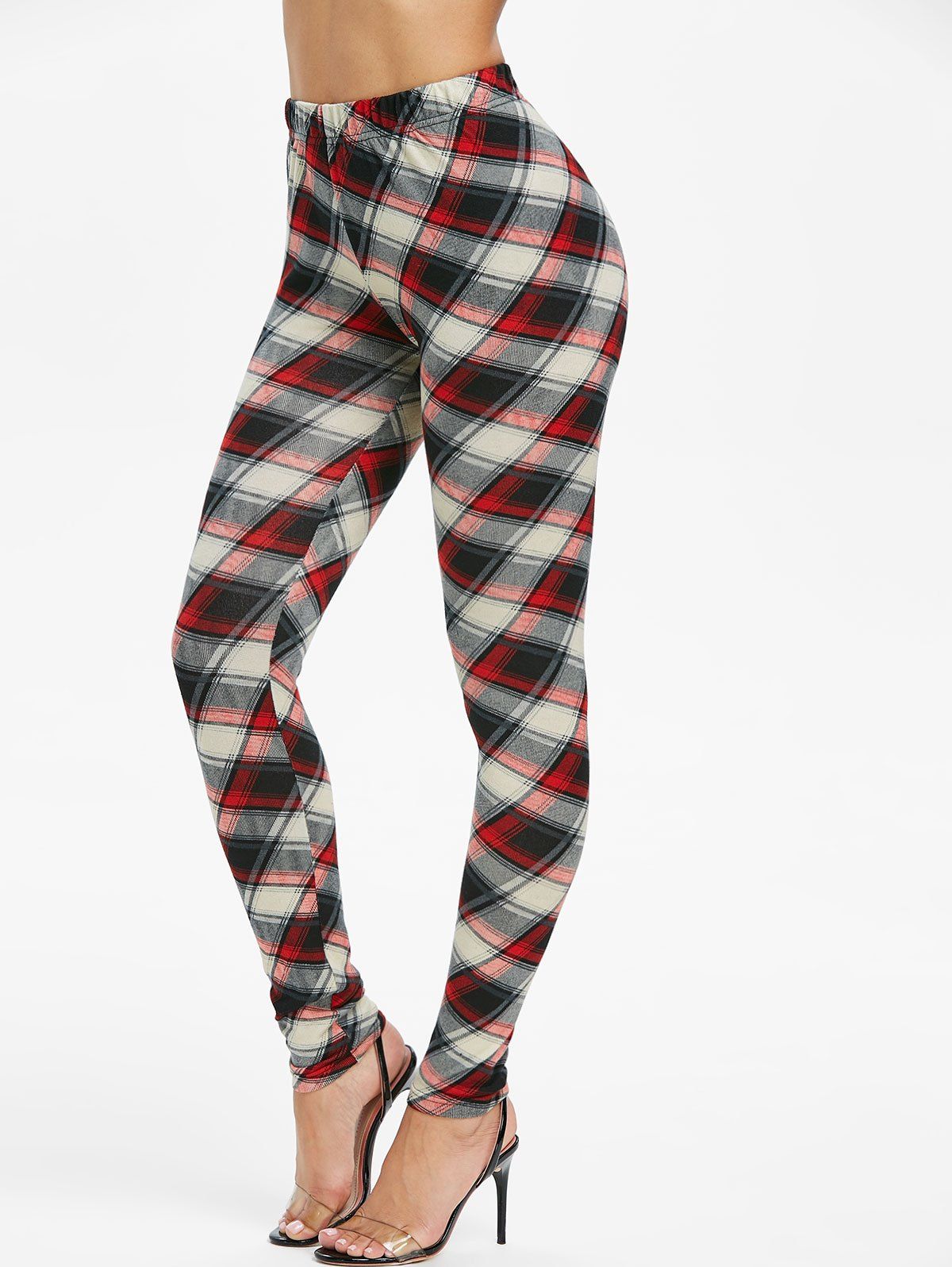 

Elastic Waist Checked Pencil Pants, Red wine