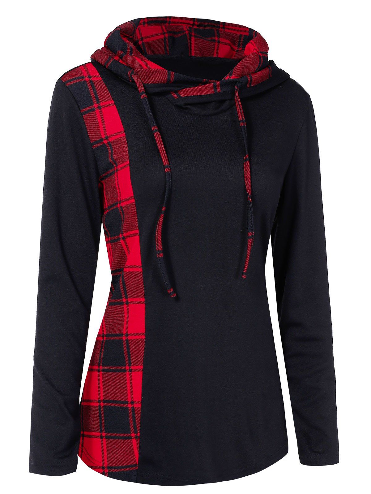 

Plaid Panel Drawstring Contrast Pullover Hoodie, Black