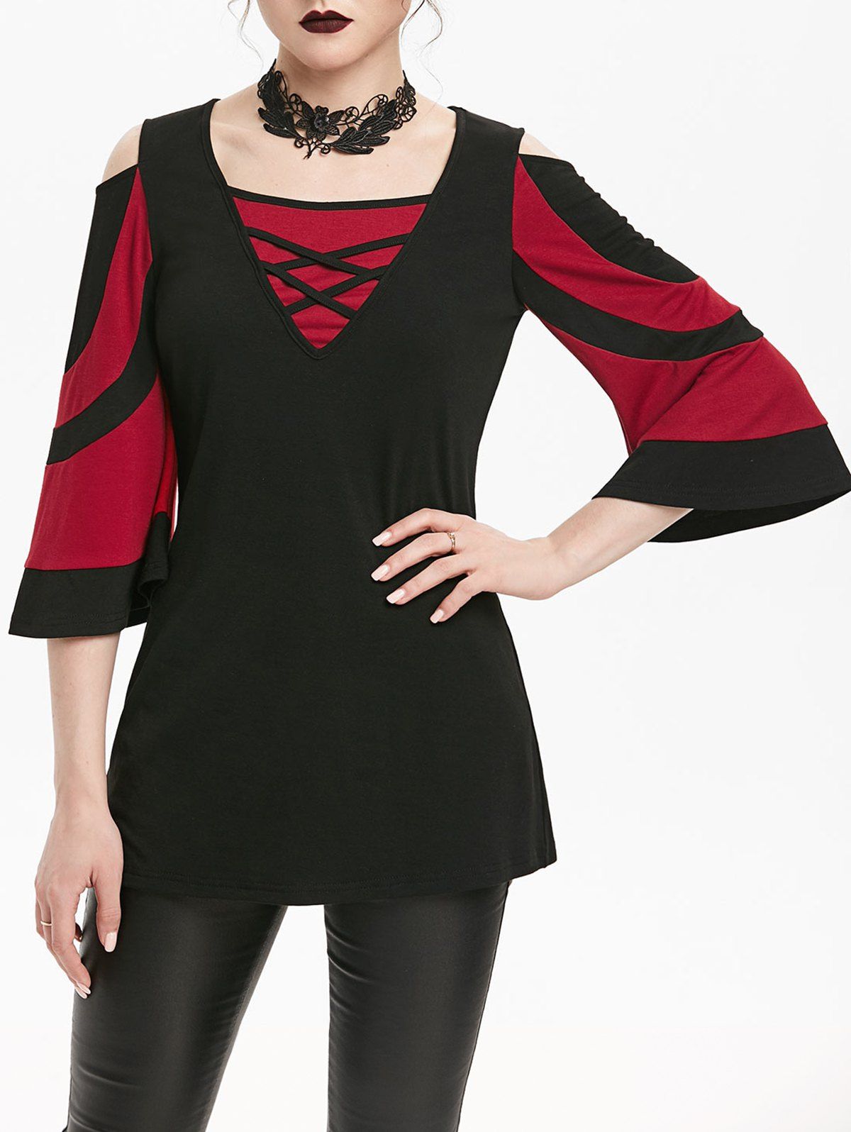 

Two Tone Criss Cross Open Shoulder T-shirt, Red wine