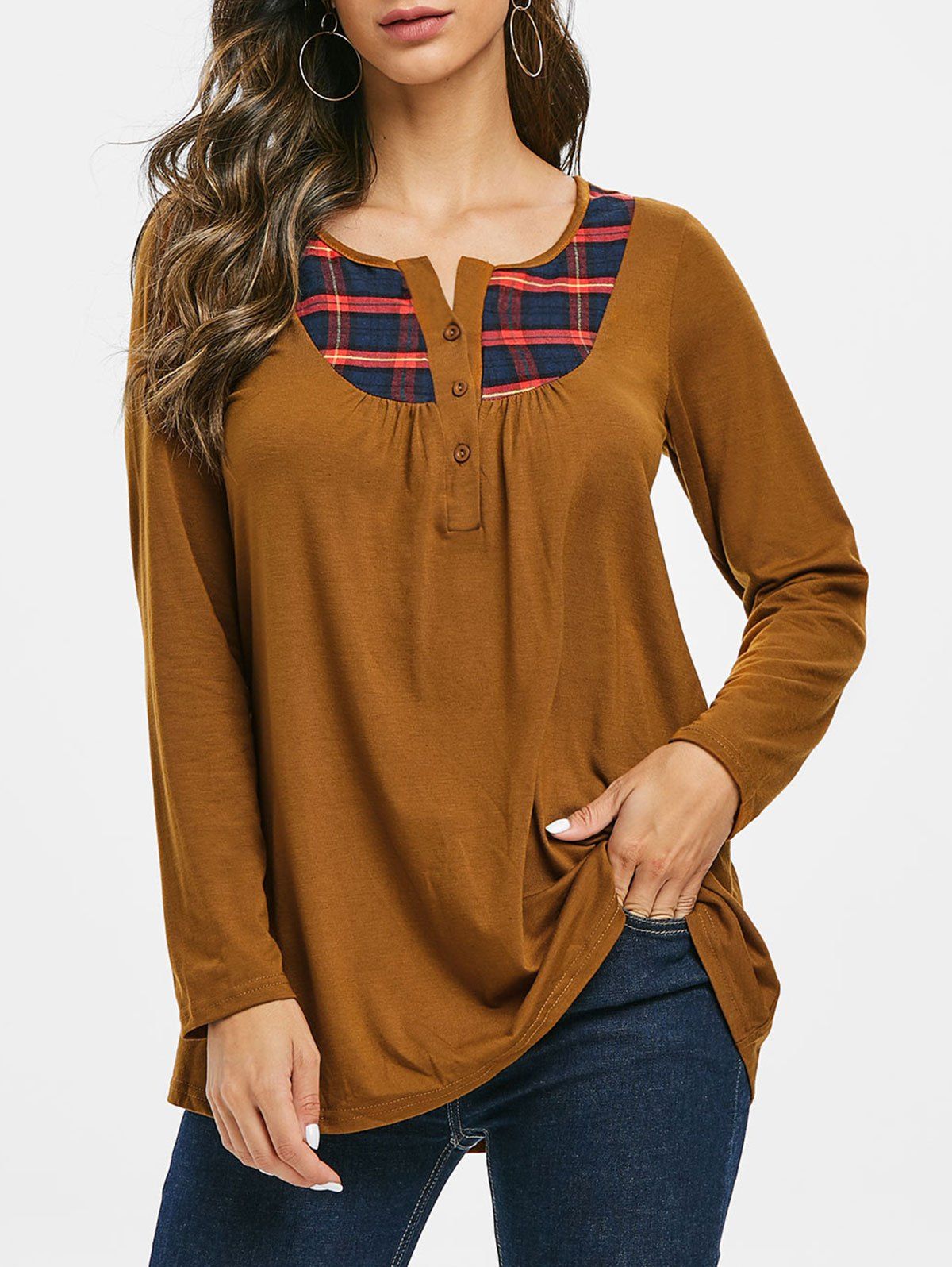 

Plaid Half Button Notched Longline Tee, Light brown