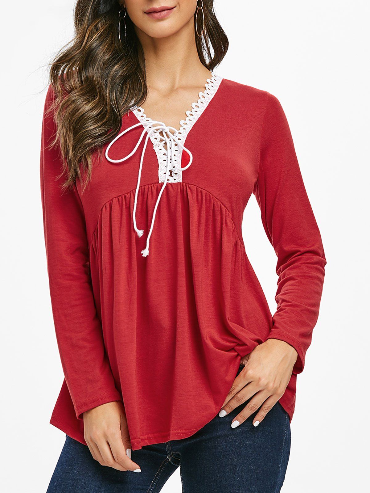 

Lace Trim Lace-up Long Sleeve Top, Red