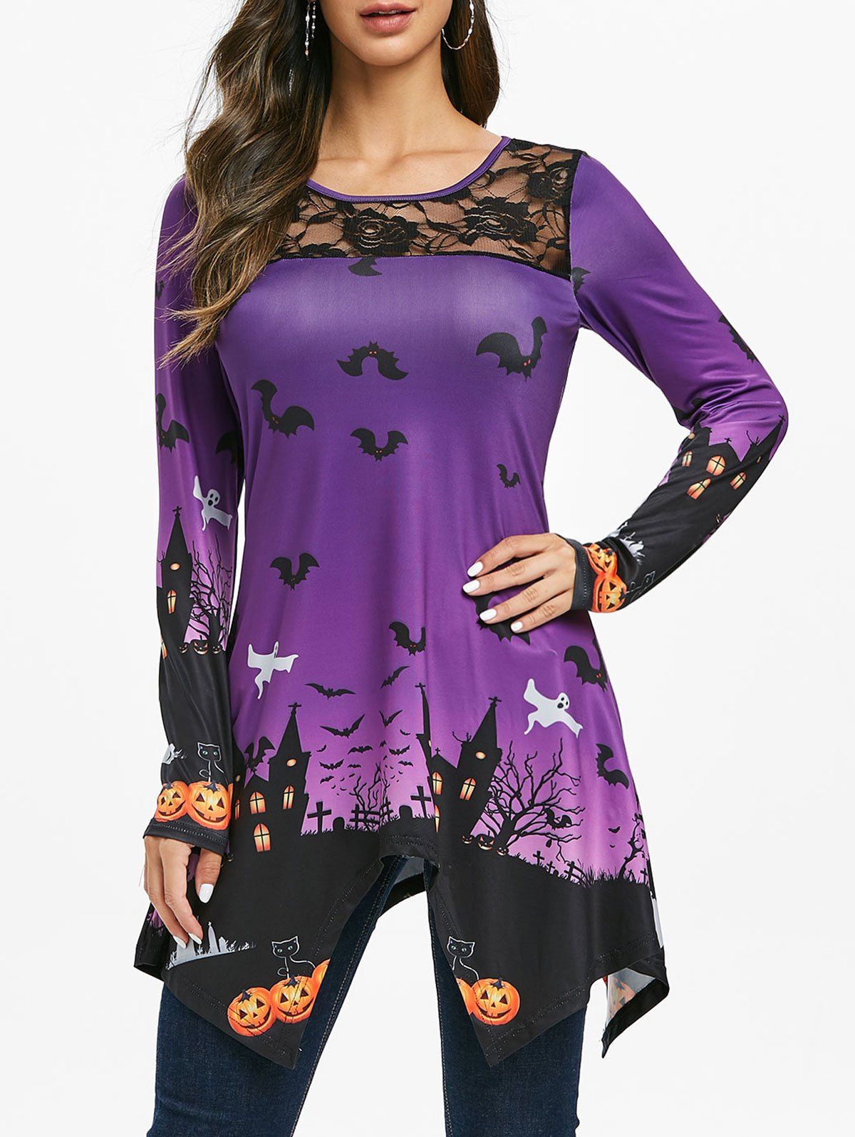 

Halloween Lace Panel Pumpkin Print Longline T-shirt, Dark orchid