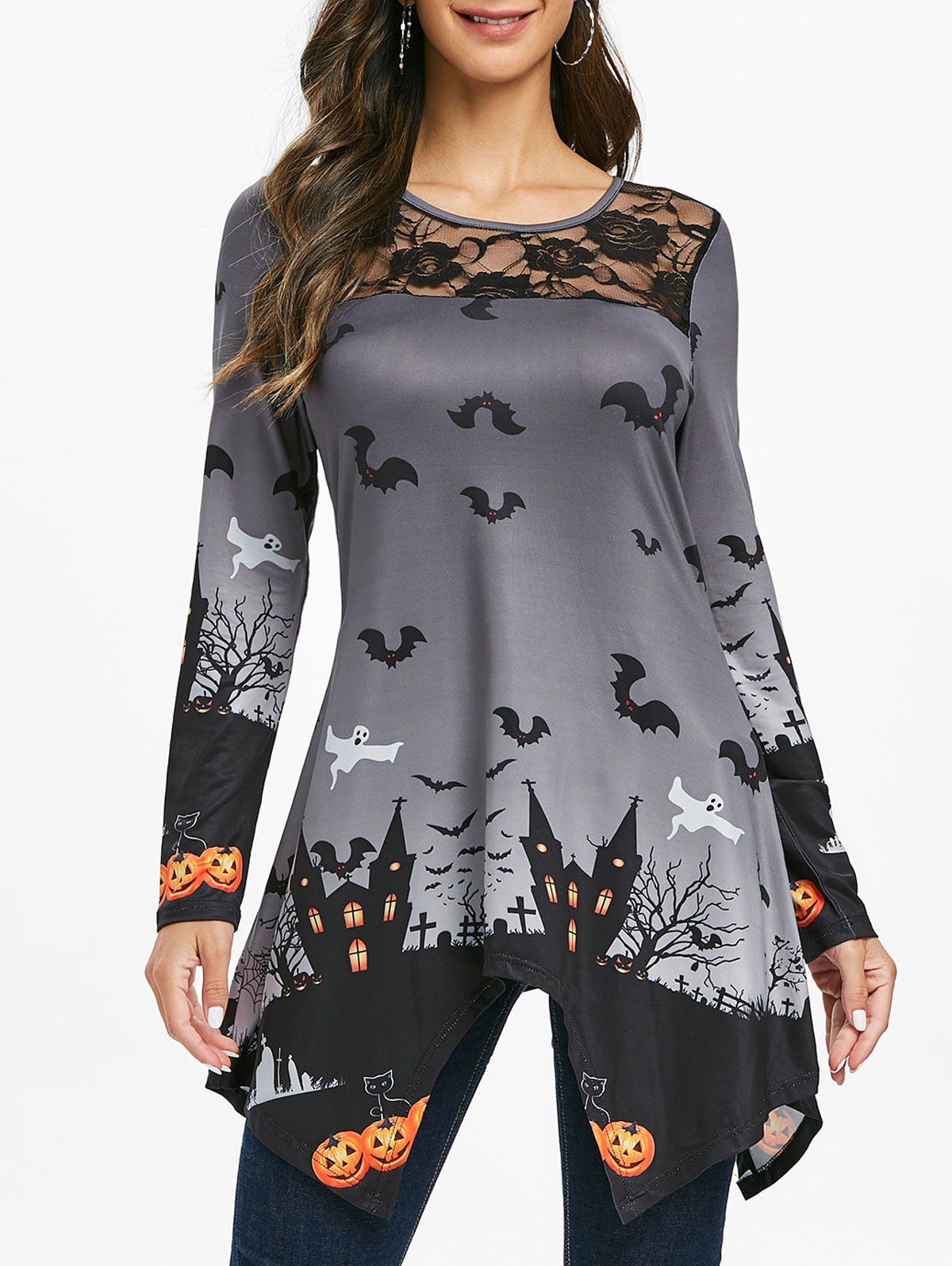 

Halloween Lace Panel Pumpkin Print Longline T-shirt, Gray