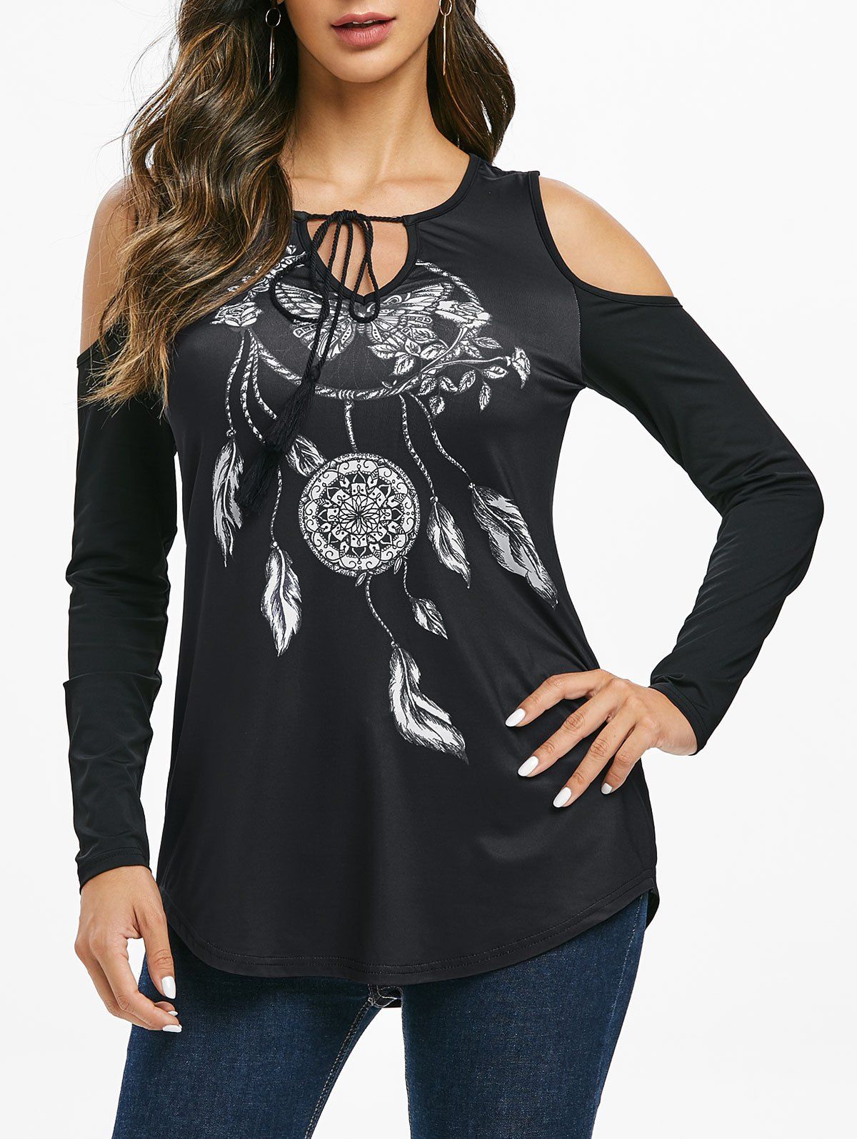 

Round Collar Open Shoulder Printed T Shirt, Black