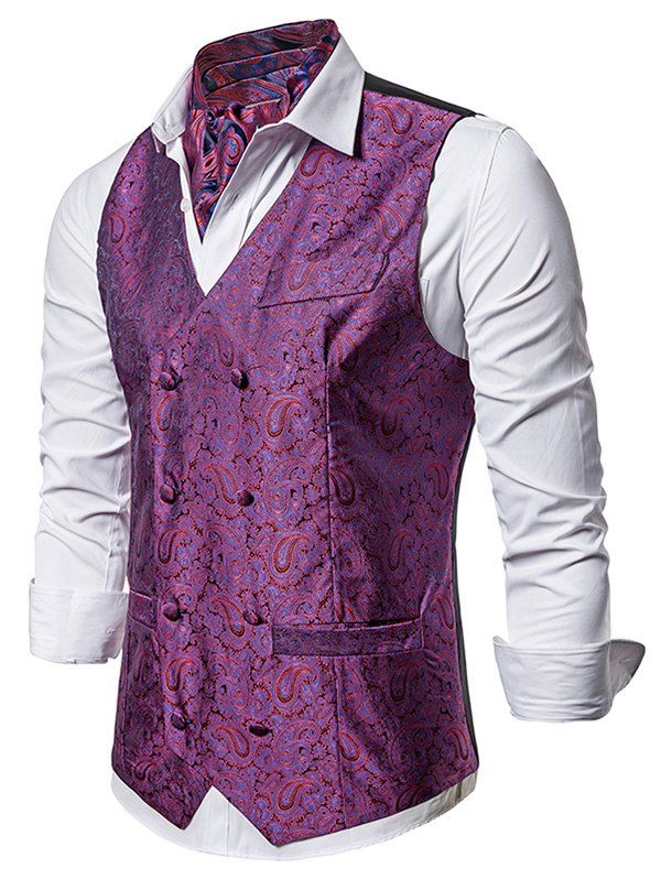 

Double Breasted Paisley Jacquard Pockets Vest, Medium violet red