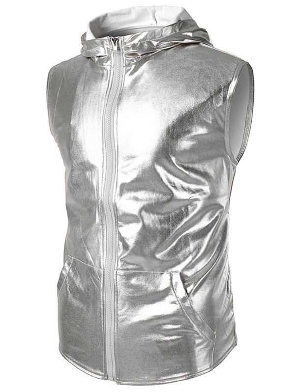 

Patent Leather Zip Up Hooded Tank Top, Silver