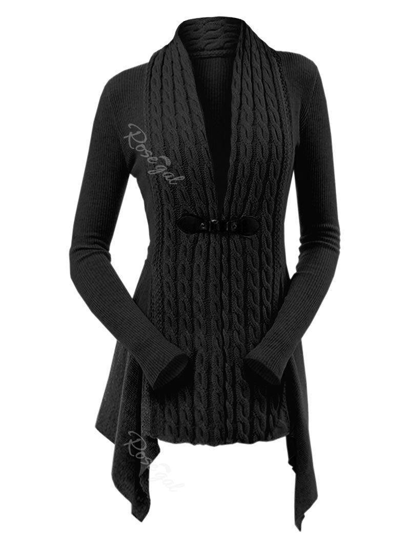 

Ribbed Cable Knit Buckle Front Skirted Plus Size Cardigan, Black