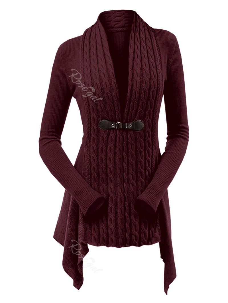 

Ribbed Cable Knit Buckle Front Skirted Plus Size Cardigan, Red wine