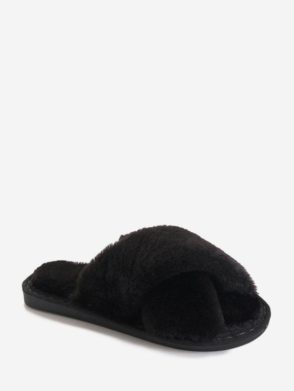 

Flat Cross Strap Faux Fur Slippers, Black