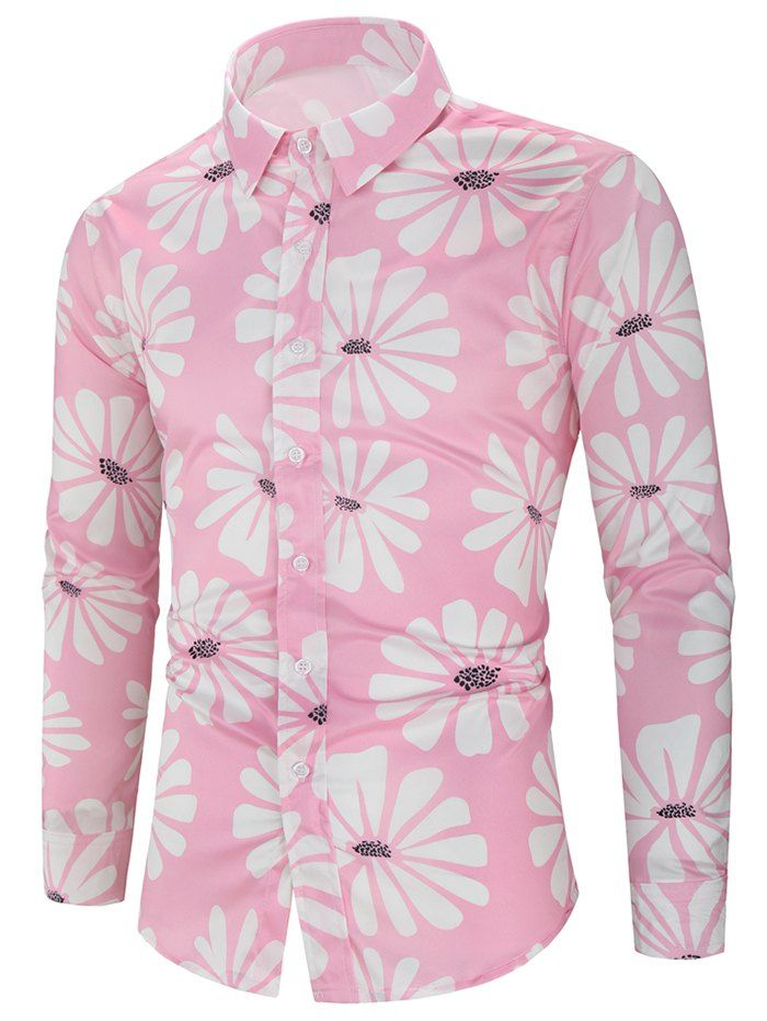 

Flower Allover Print Long Sleeve Button Vacation Shirt, Light pink