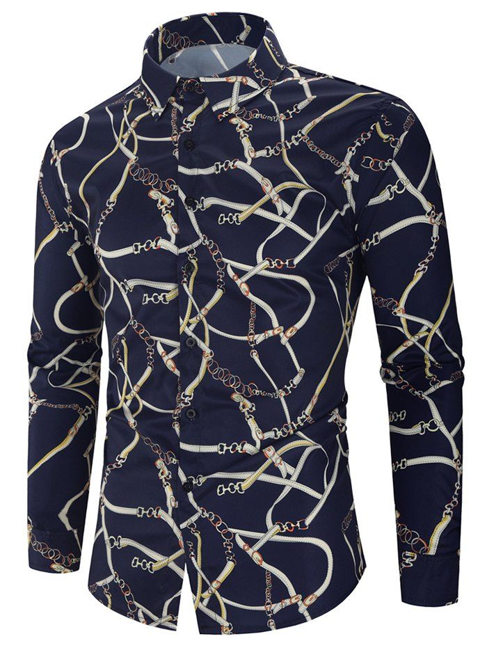 

Curved Hem Pattern Print Long Sleeve Casual Shirt, Cadetblue