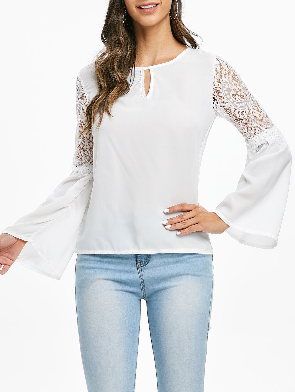 

Lace Panel Keyhole Long Sleeve Blouse, White