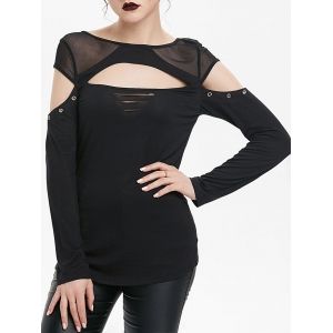 

Cut Out Mesh Insert Grommet Long Sleeve Gothic T-shirt, Black