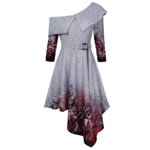 

Tree Print Skew Collar Asymmetrical Dress, Gray goose