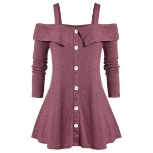 

Plus Size Button Cold Shoulder Space Dye T Shirt, Cherry red