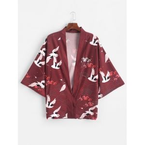 

Flying Crane Sea Waves Print Kimono Cardigan, Red wine