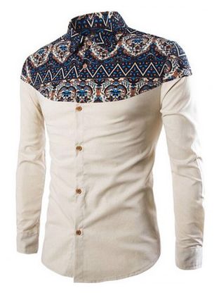 Ethnic Print Patch Button Up Long Sleeve Shirt