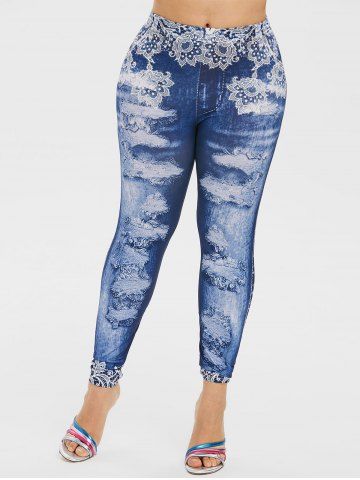 

Plus Size 3D Ripped Jean Print Skinny Jeggings, Ocean blue
