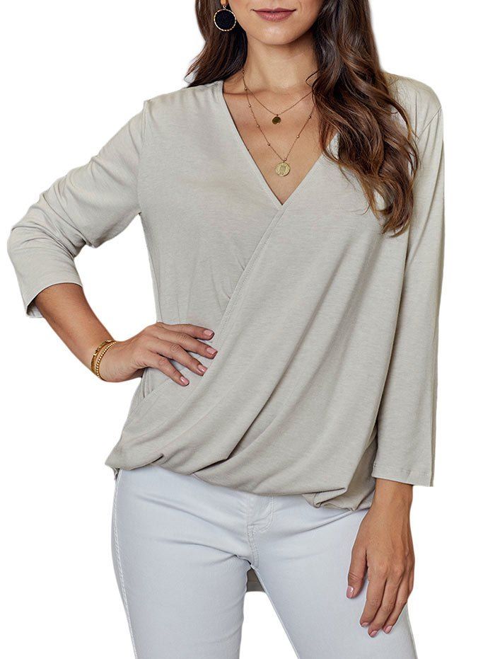 

Low Cut Dip Hem Surplice T-shirt, Light gray