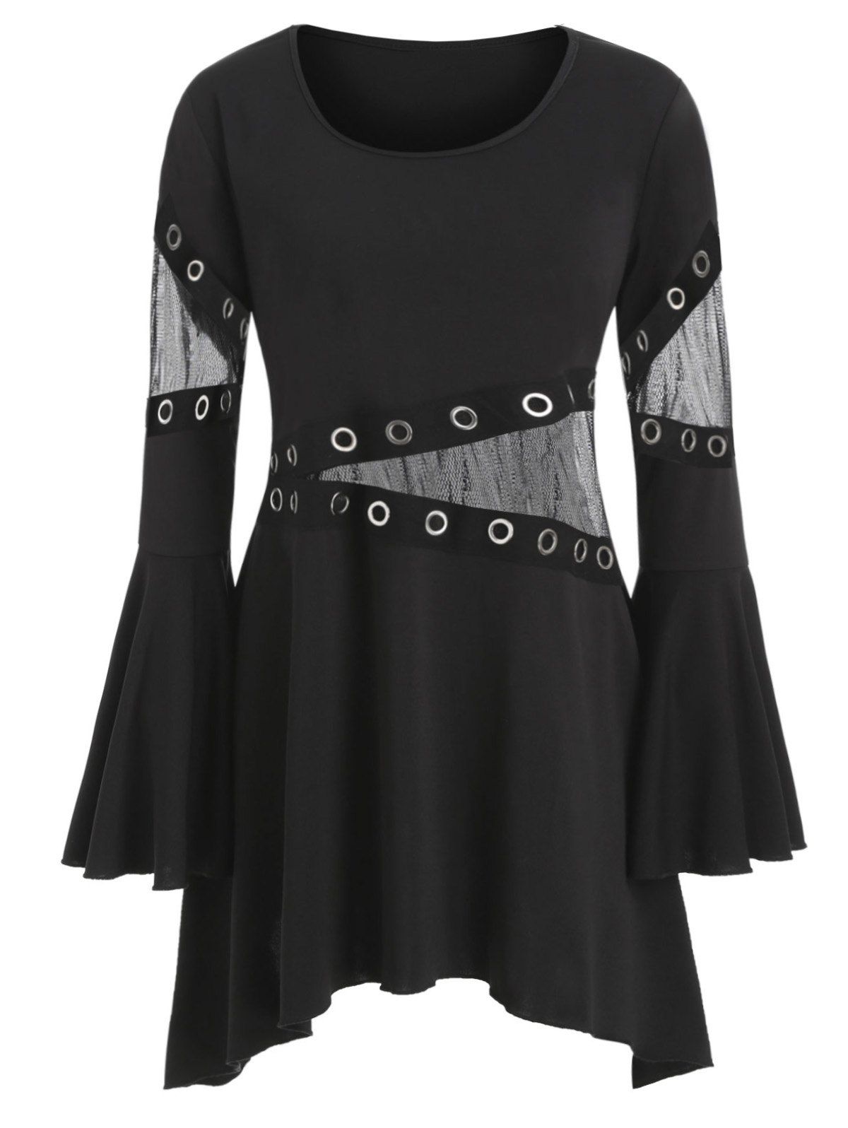 

Mesh Panel Grommet Tape Flare Sleeve Plus Size Top, Black