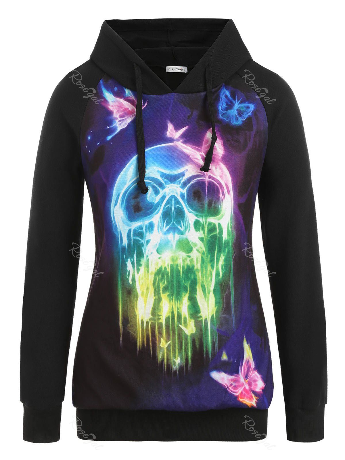 

Plus Size Halloween Skull and Butterfly Print Raglan Sleeve Hoodie, Black