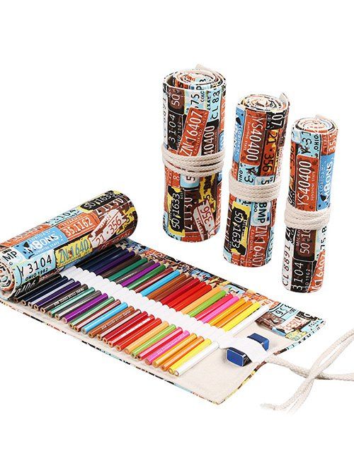 

Car License Pattern Canvas Pencil Case Roll, Multi