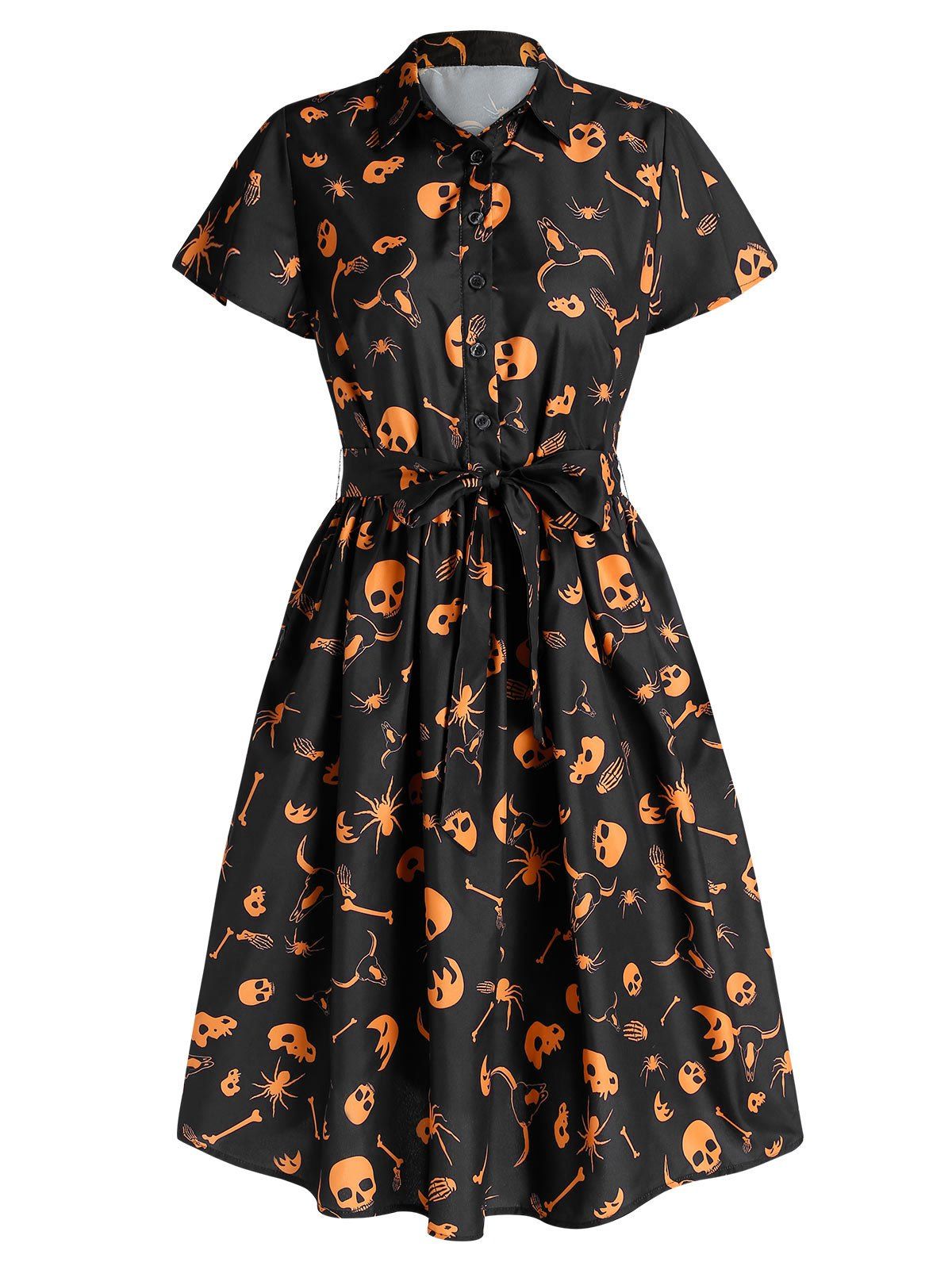 

Halloween Skull Spider Print Belted Half Button Dress, Black