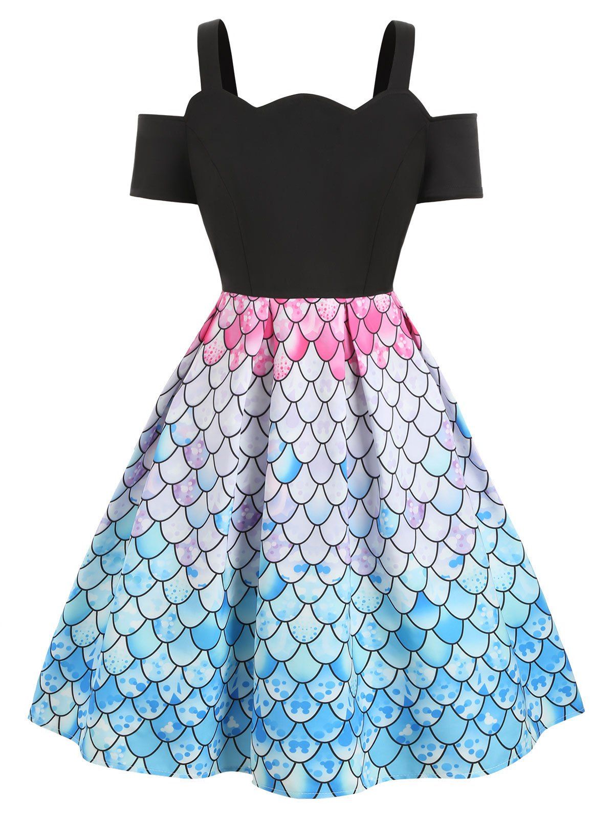 

Back Zipper Mermaid Scales Print Cold Shoulder Plus Size Dress, Black