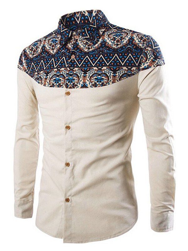 

Ethnic Print Patch Button Up Long Sleeve Shirt, Light khaki