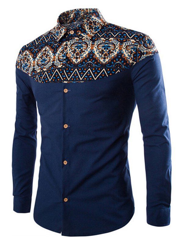 

Ethnic Print Patch Button Up Long Sleeve Shirt, Cadetblue