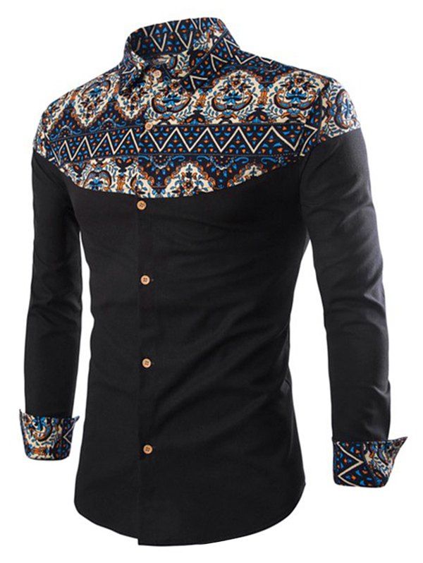 

Ethnic Print Patch Button Up Long Sleeve Shirt, Black