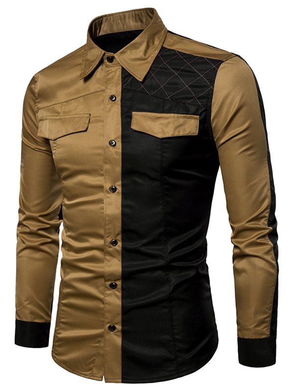 

Contrast Patch Faux Pockets Button Up Shirt, Light brown