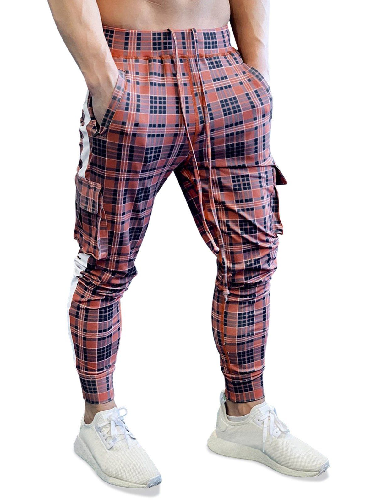 

Color Block Splicing Plaid Side Flap Pocket Casual Jogger Pants, Blush red