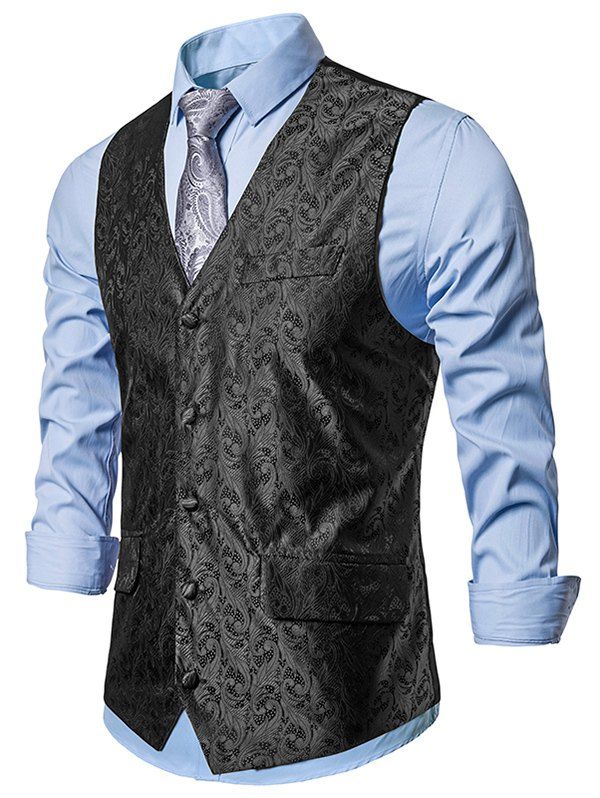 

Single Breasted Jacquard Design Business Vest, Black