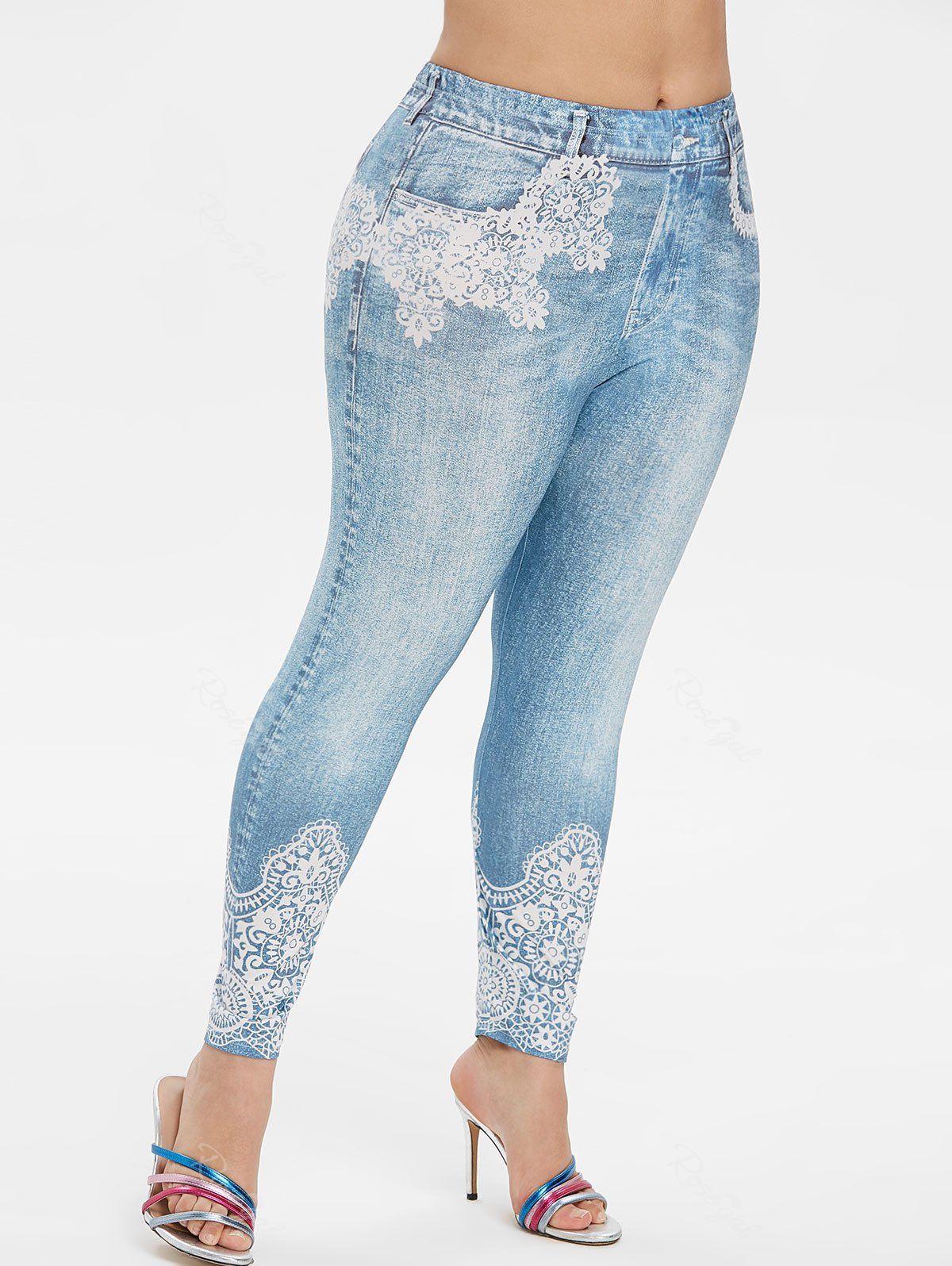 

Plus Size 3D Lace Jean Print Skinny Ninth Jeggings, Blue gray
