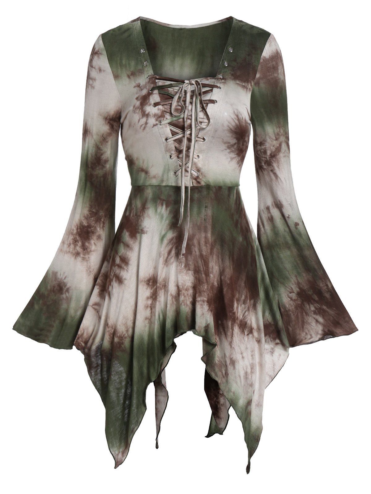 

Halloween Bell Sleeve Tie Dye Lace Up Gothic T Shirt, Hazel green