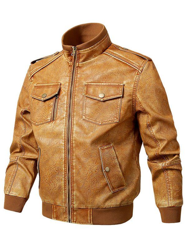 

Pocket Decoration Zipper PU Jacket, Cinnamon